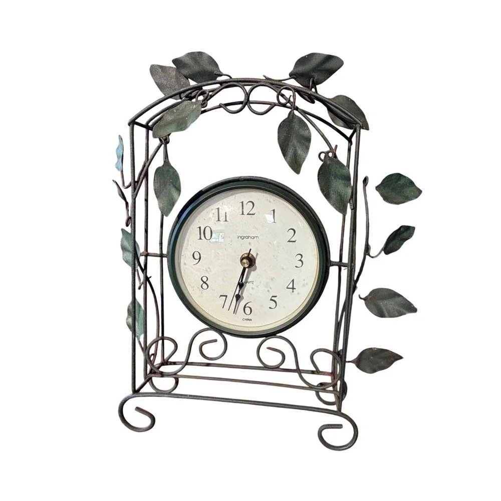 Ingraham Metal Wire Leaf Mantel Clock Green Rustic Garden Decor Quartz 13 Inch